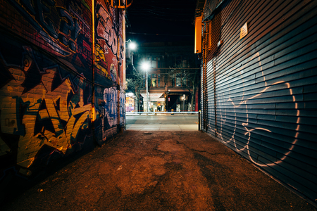 Graffiti Alley at night, in the Fashion District of Toronto, Ontario.のeditorial素材