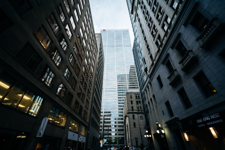 Modern skyscrapers in the Financial District of downtown Toronto, Ontario.