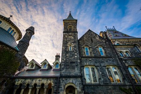 The University College Building at sunset, at the University of Toronto, in Toronto, Ontario.のeditorial素材