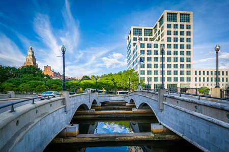 Bridges and modern building along the Providence River, in downtown Providence, Rhode Island.の写真素材
