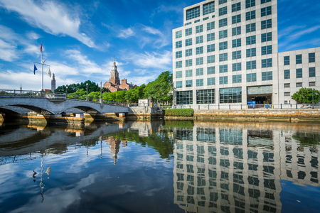 Modern buildings and bridge over the Providence River, in downtown Providence, Rhode Island.の写真素材
