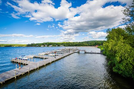 View of docks on Lake Winnipesaukee in Weirs Beach, Laconia, New Hampshire.の写真素材