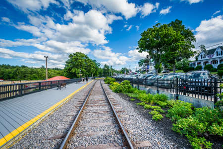 Railroad tracks in Weirs Beach, Laconia, New Hampshire.の写真素材
