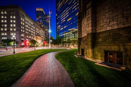 Walkway adjacent to Trinity Church and modern buildings at Copley, in Back Bay, Boston, Massachusetts.の写真素材