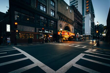 Washington Street in Chinatown at night, in Boston, Massachusetts.のeditorial素材