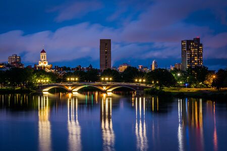 The John W Weeks Bridge and Charles River at night, in Cambridge, Massachusetts.の写真素材