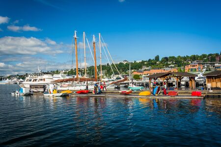 Boats docked at Lake Union, in Seattle, Washington.のeditorial素材