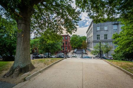 Walkway at Monument Square, on Bunker Hill, in Charlestown, Boston, Massachusetts.の写真素材