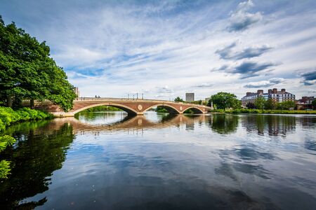 The John W Weeks Bridge and Charles River in Cambridge, Massachusetts.の写真素材