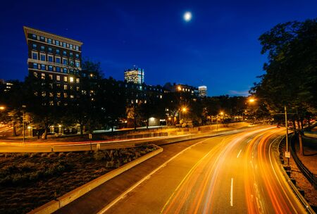 Long exposure of traffic along Storrow Drive at night, in Beacon Hill, Boston, Massachusetts.の写真素材