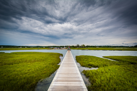 The Sandwich Boardwalk and a wetland, in Sandwich, Cape Cod, Massachusetts.の写真素材