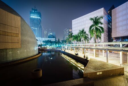 The Hong Kong Space Museum and Museum of Art at night, at Tsim Sha Tsui, in Kowloon, Hong Kong.のeditorial素材