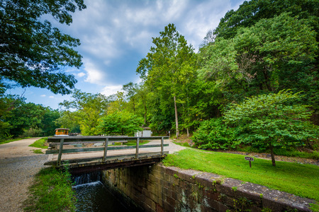 Bridge over the C & O Canal, at Chesapeake & Ohio Canal National Historical Park, Maryland.の写真素材
