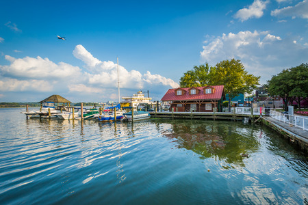 Building and docks on the Potomac River waterfront, in Alexandria, Virginia.のeditorial素材