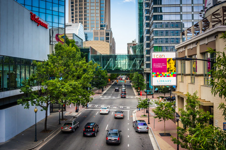 View of College Street, in downtown Charlotte, North Carolina.のeditorial素材