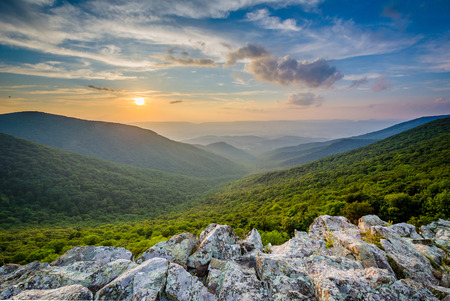 Sunset over the Shenandoah Valley and Blue Ridge Mountains from Crescent Rock, in Shenandoah National Park, Virginia.の写真素材