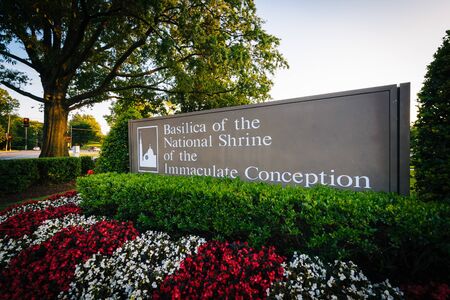 Sign for the Basilica of the National Shrine of the Immaculate Conception, in Washington, DC.のeditorial素材