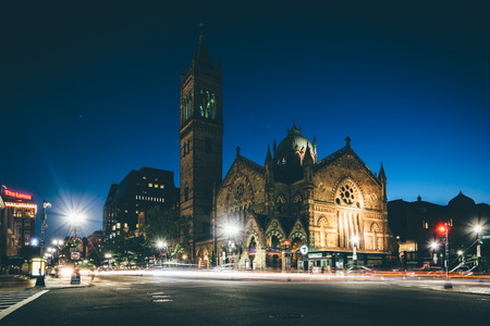The Old South Church at night, in Back Bay, Boston, Massachusetts.のeditorial素材