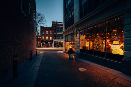An alley and buildings at night, in Lancaster, Pennsylvania.