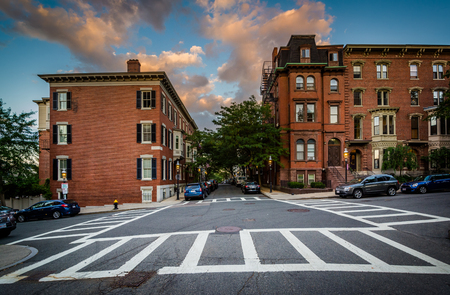 Crosswalks and historic buildings on Bunker Hill, in Charlestown, Boston, Massachusetts.の写真素材