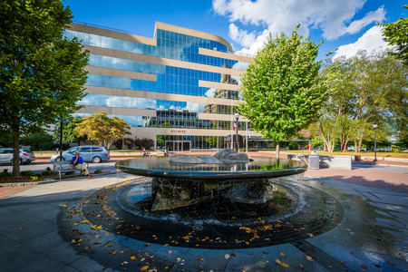 Fountain and buildings in downtown Asheville, North Carolina.のeditorial素材