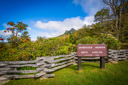 Sign and view of Grandfather Mountain, at Grandfather Mountain, North Carolina.の写真素材