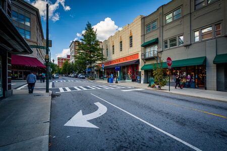 Intersection and buildings in downtown Asheville, North Carolina.