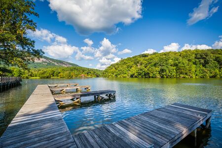 Docks in Lake Lure, in Lake Lure, North Carolina.の写真素材