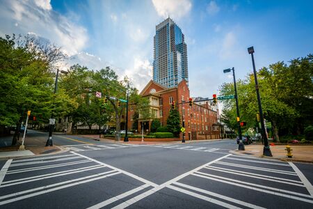 Intersection and modern buildings in Uptown Charlotte, North Carolina.の写真素材