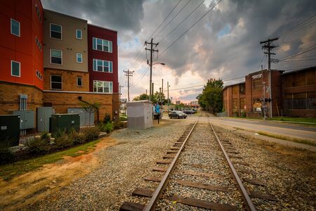 Railroad tracks and buildings, in NoDa, Charlotte, North Carolina.の写真素材