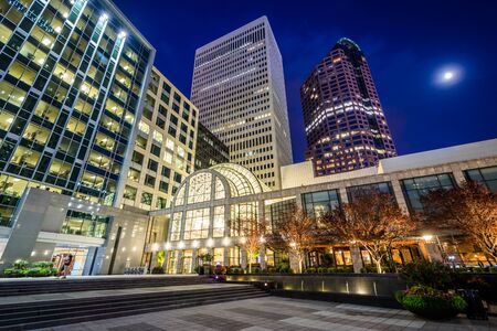 Modern buildings at night, in Uptown Charlotte, North Carolina.の写真素材