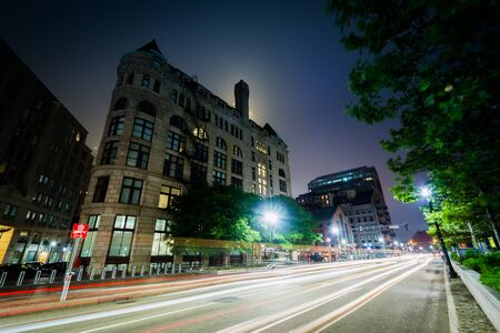 Buildings along Surface Road at night, in Boston, Massachusetts.の写真素材