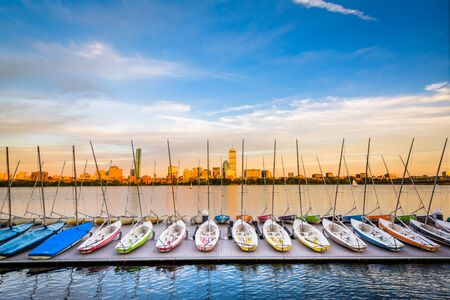 Sailboats docked in the Charles River in Cambridge, Massachusetts.の写真素材