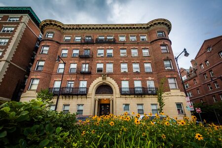 Flowers and Claverly Hall, at Harvard University, in Cambridge, Massachusetts.のeditorial素材