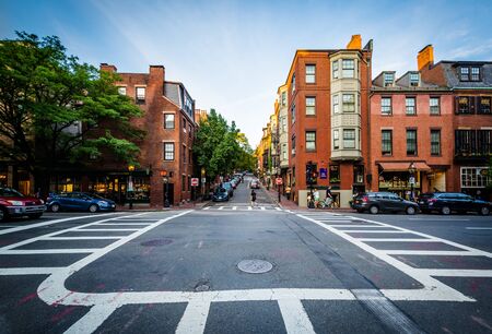 Intersection and old buildings in Beacon Hill, Boston, Massachusetts.