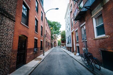 Narrow street in the North End of Boston, Massachusetts.の写真素材