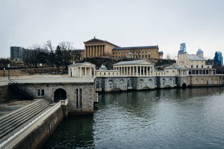 Fairmount Water Works and the Philadelphia Museum of Art, along the Schuylkill River, in...