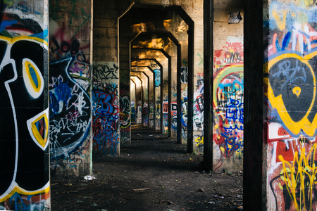 Graffiti under the Graffiti Pier, in Philadelphia, Pennsylvania.のeditorial素材