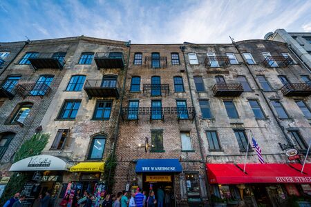 Old buildings along River Street, in Savannah, Georgia.