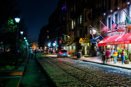 River Street at night, in Savannah, Georgia.のeditorial素材