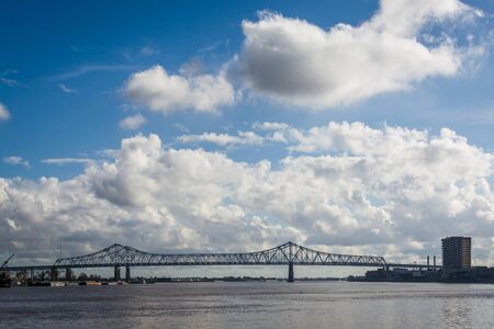 The Crescent City Connection Bridge and Mississippi River, in New Orleans, Louisiana.のeditorial素材