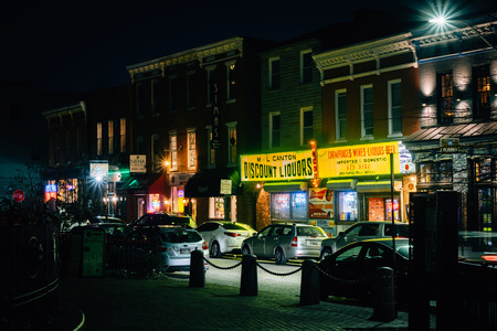 Businesses at O'Donnell Square at night, in Canton, Baltimore, Maryland.のeditorial素材