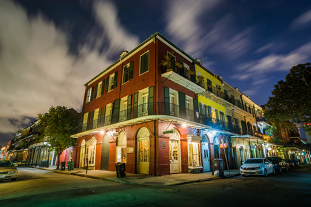 Buildings in the French Quarter at night, in New Orleans, Louisiana.のeditorial素材