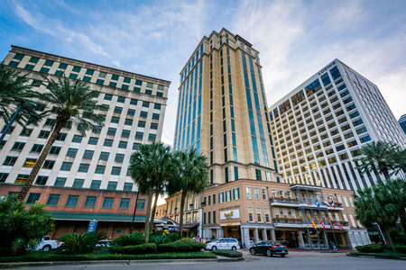Buildings along Poydras Street, in New Orleans, Louisiana.のeditorial素材