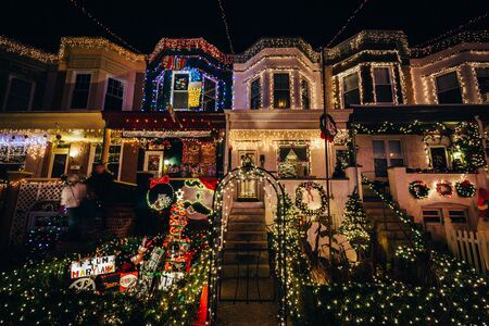 The Miracle on 34th Street Christmas lights at night, in Hampden, Baltimore, Maryland.のeditorial素材