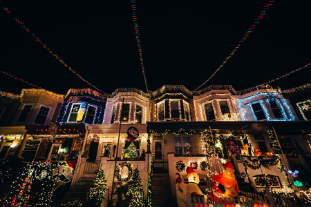 The Miracle on 34th Street Christmas lights at night, in Hampden, Baltimore, Maryland.のeditorial素材