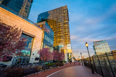 Modern buildings and the Waterfront Promenade in Harbor East, Baltimore, Maryland.のeditorial素材