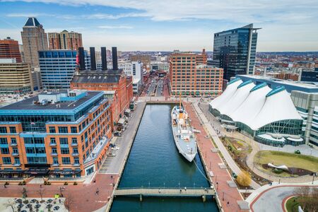 Aerial view of the Inner Harbor in Baltimore, Maryland.のeditorial素材