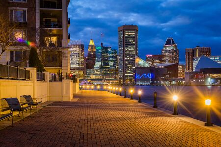 The Waterfront Promenade and Baltimore skyline seen at the Inner Harbor, in Baltimore, Maryland.のeditorial素材