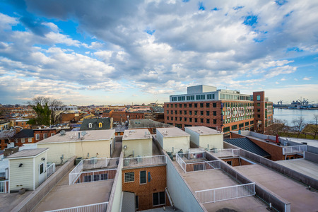 View of rooftop decks and Bond Street Wharf, in Baltimore, Maryland.のeditorial素材